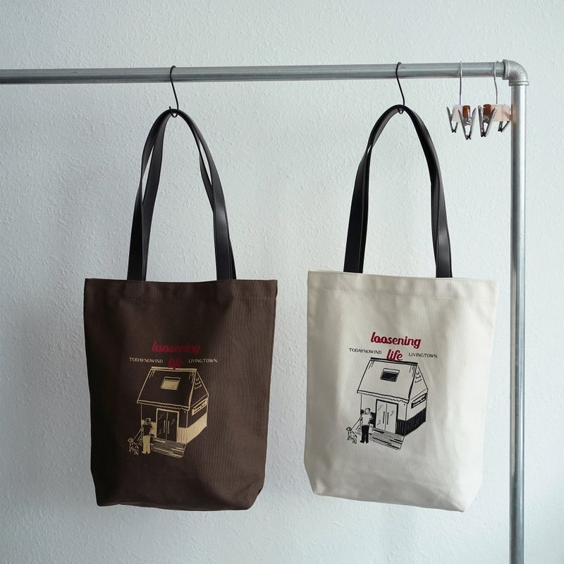 印花帆布包托特包 超纤背带休闲单肩包 - 侧背包/斜挎包 - 棉．麻 咖啡色