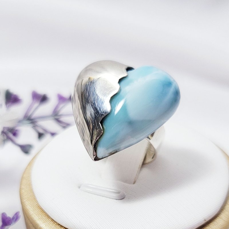 天然 顶级 拉利玛 海纹石 心想事成 纯银 大宝石 戒指 内径17.2mm - 戒指 - 宝石 蓝色