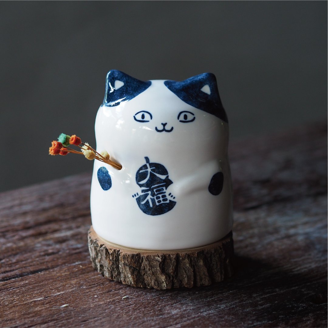 【好运猫系列】大福猫 祝福花器 / 开运祈福 / 可插干燥花 - 花瓶/陶器 - 瓷 蓝色