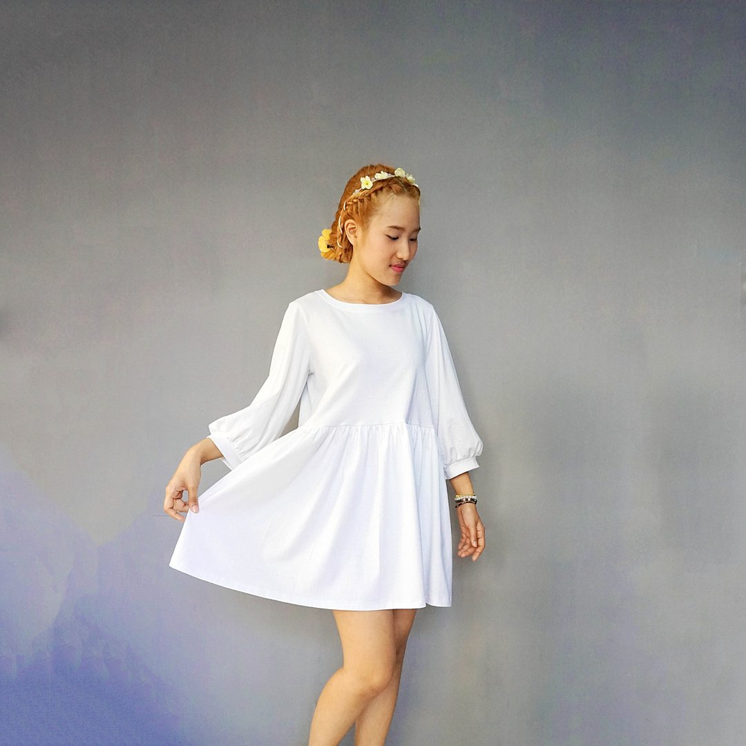 Long bishop sleeve cotton jersey knit smock dress, Babydoll dress, Loose style - 洋装/连衣裙 - 棉 多色