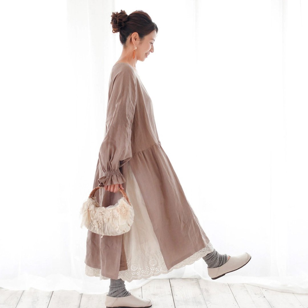 Last piece / Linen 100percent Soft sleeve apron One piece dress mocha - 洋装/连衣裙 - 棉 咖啡色