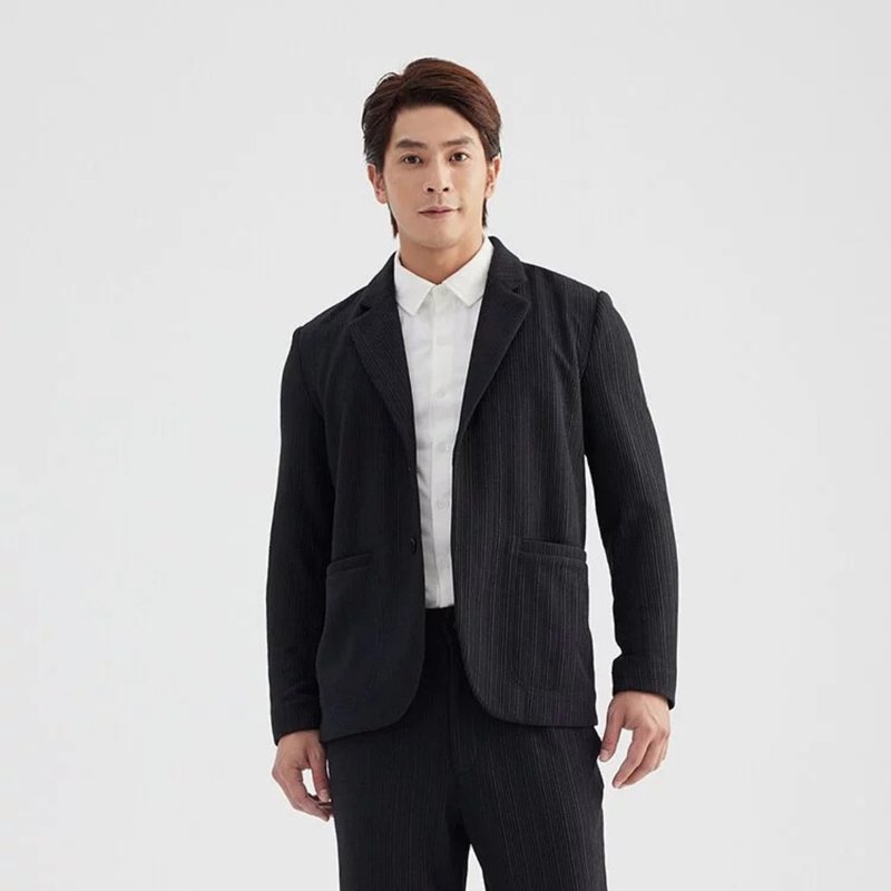立体条纹男士西装外套 (THot 发热保暖)-黑 - 男装西装外套 - 聚酯纤维 黑色