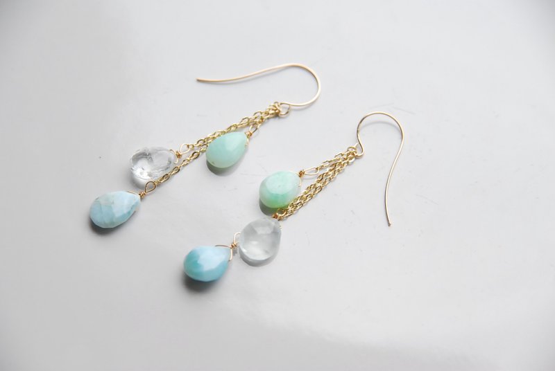 海蓝宝、绿色欧泊与蓝色碧玺三珠耳环 14KGF - 耳环/耳夹 - 半宝石 蓝色