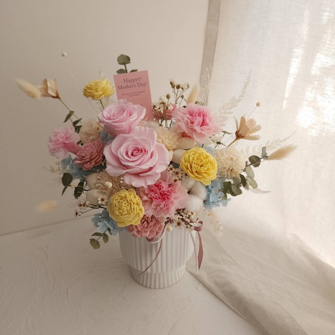 Love妈咪|母亲节|永生花+干燥花|马卡龙法式庭园永生盆花 - 干燥花/捧花 - 植物．花 粉红色