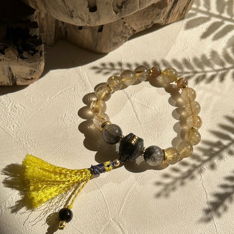 乌苏拉的大秘宝 | 钛金发晶 | 金骨干 | 黑发晶  | 皮革手工流苏 - 手链/手环 - 宝石 金色