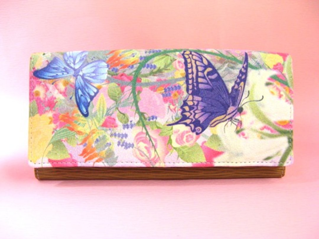 Flower and Swallow tail Butterfly Long Wallet - 皮夹/钱包 - 真皮 粉红色