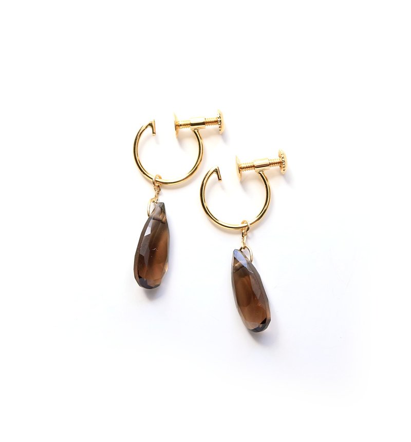 一粒スモーキークォーツ K10イヤリング(ロングペアシェイプ)~ESPOIR~ - 耳环/耳夹 - 宝石 咖啡色