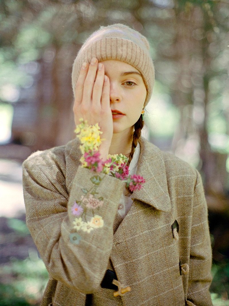 MintCheese 独立设计 袖口小花刺绣绿格纹羊毛大衣 - 女装休闲/机能外套 - 羊毛 绿色