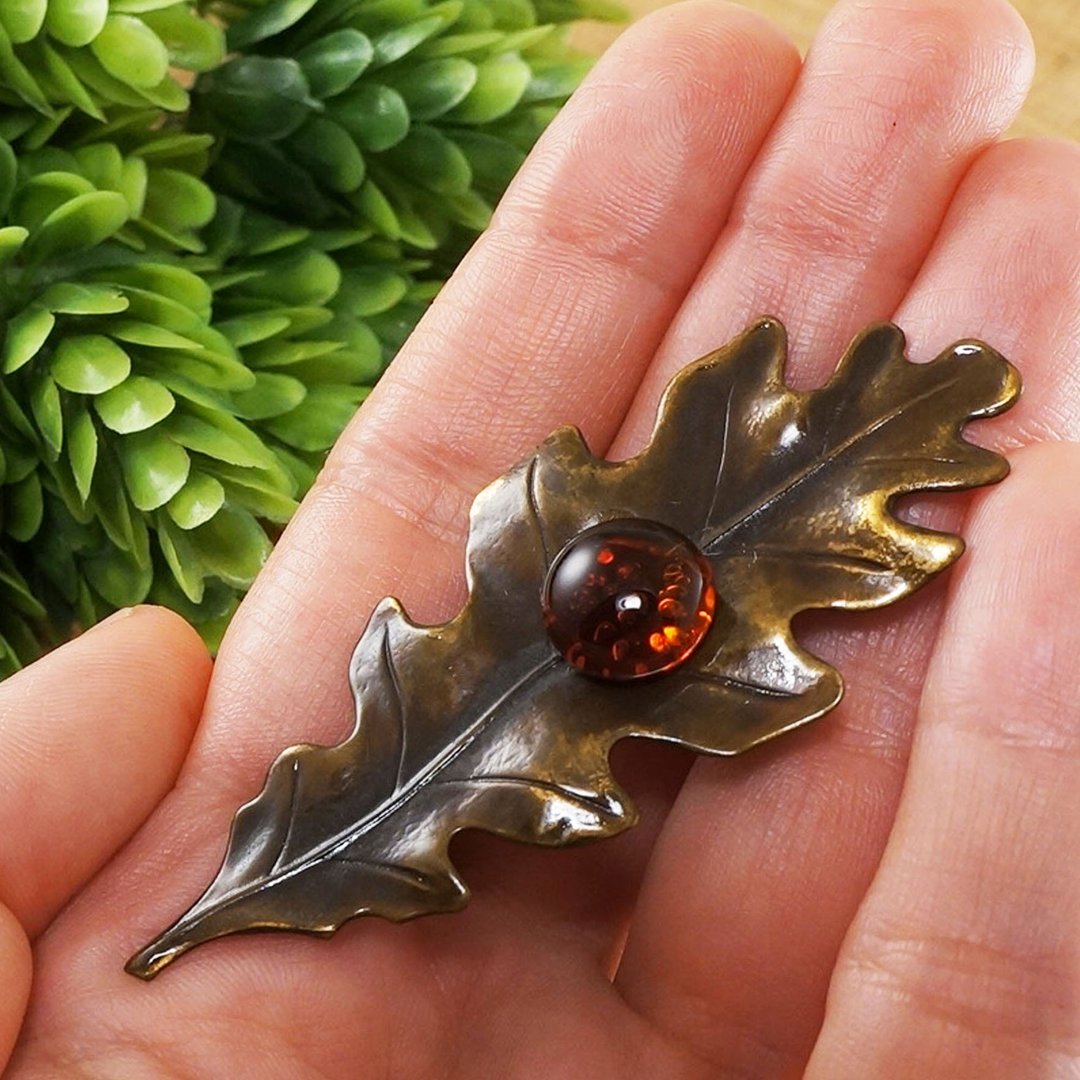 Brass Oak Leaf Forest Woodland Brown Orange Fire Red Glass Pin Brooch Jewelry - 胸针 - 其他材质 咖啡色