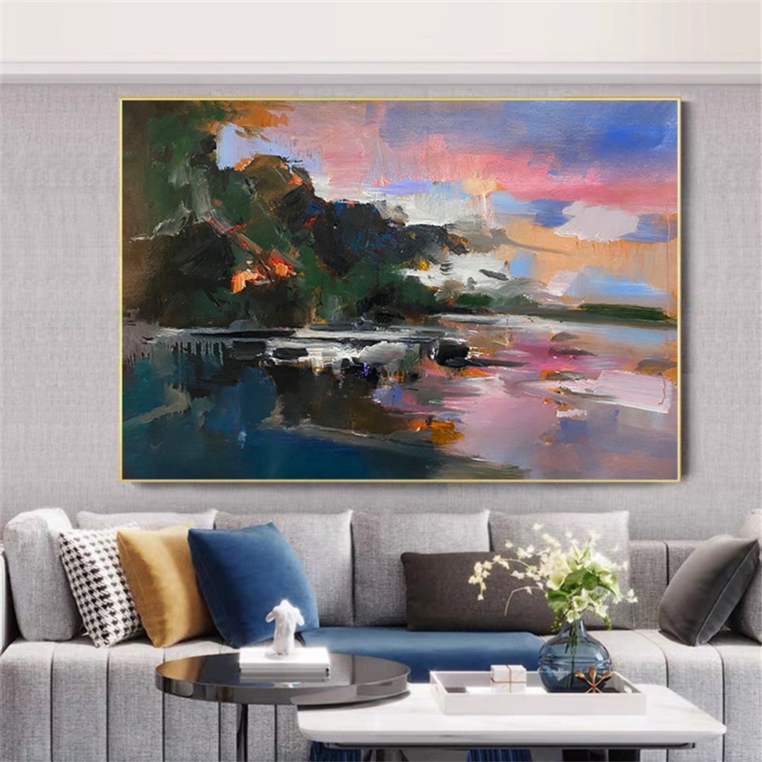 湖光山色 手绘油画/抽象/原创商品装饰画挂画走廊客厅沙发背景画 - 海报/装饰画/版画 - 亚麻 多色