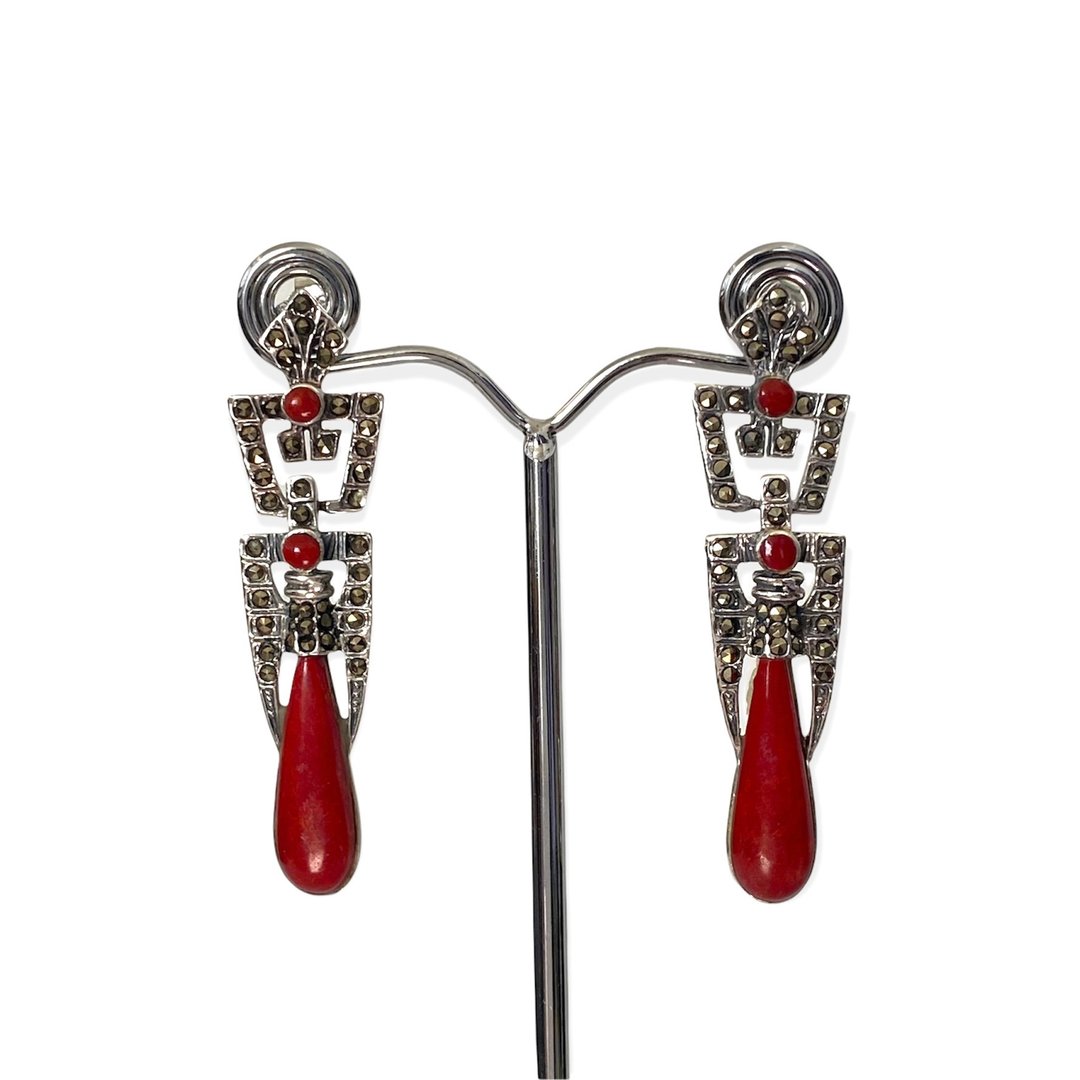 Art Deco Style Red Coral with Marcasite Drop Earrings / Set 925 Sterling Silver - 耳环/耳夹 - 纯银 红色