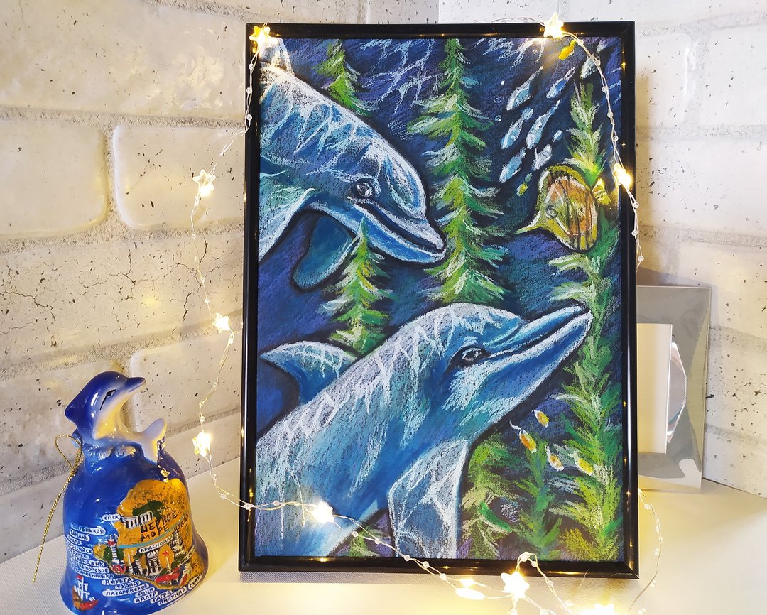 Dolphins pastel underwater world original art animal original painting art - 墙贴/壁贴 - 纸 蓝色