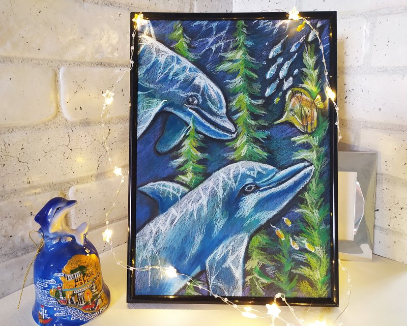 Dolphins pastel underwater world original art animal original painting art - 墙贴/壁贴 - 纸 蓝色