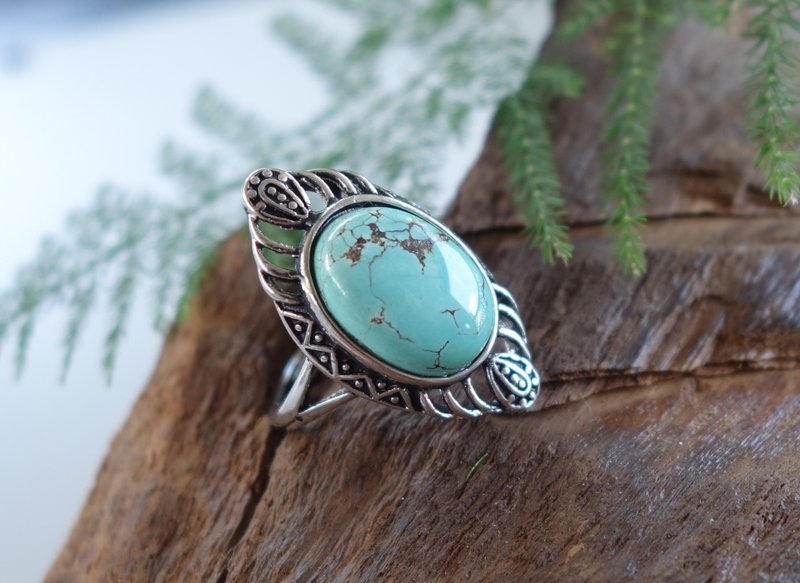 Ring 天然老绿松石 戒指 3.4克 绿松石 老珠子 古董  山奇艺术 - 戒指 - 玉石 绿色