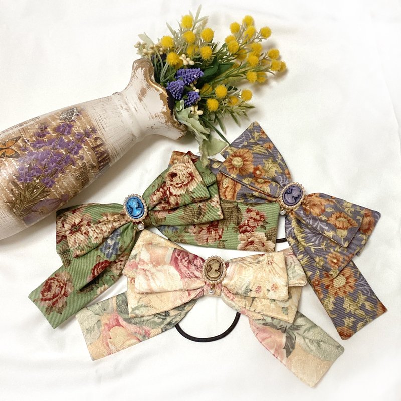 珍珠浮雕像×古典碎花蝴蝶结发圈 - 发饰 - 棉．麻 咖啡色