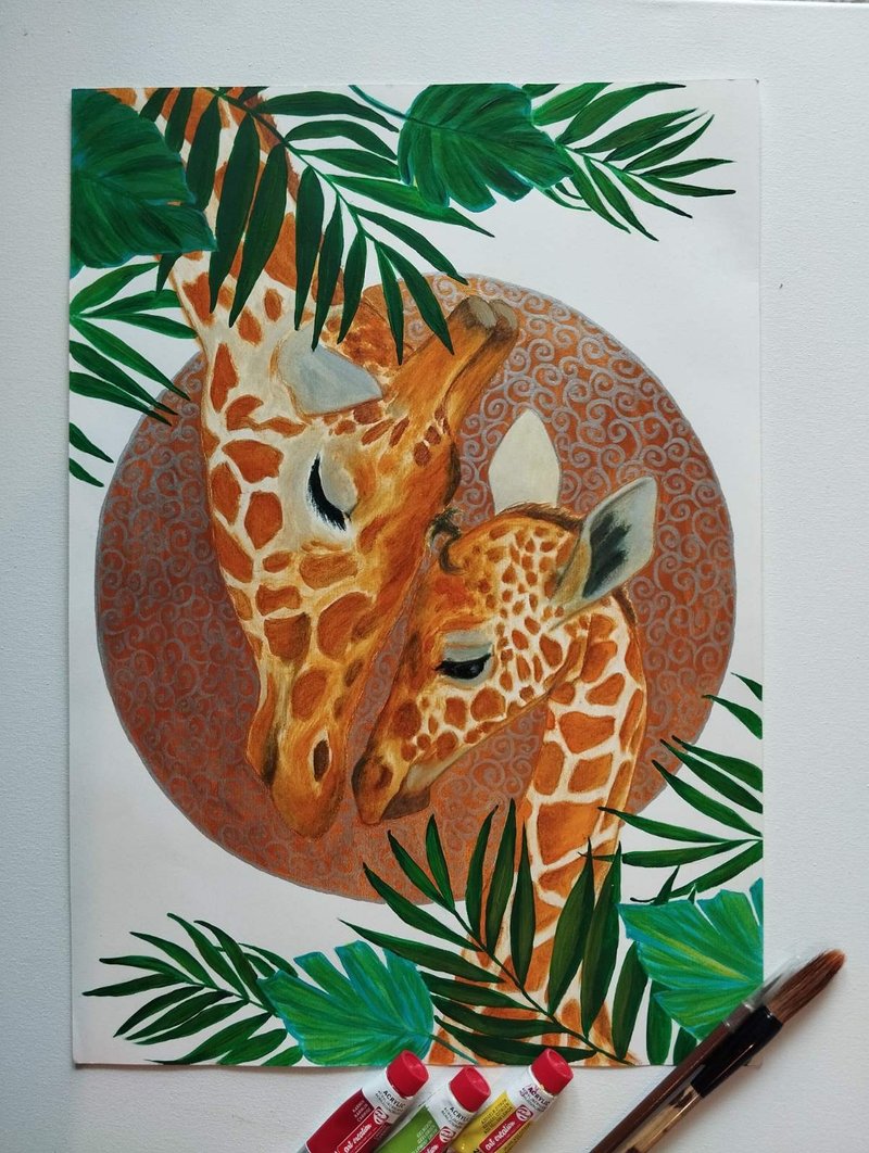 原创长颈鹿画，动物插画，动物画，长颈鹿家族 - 儿童家具 - 纸 橘色