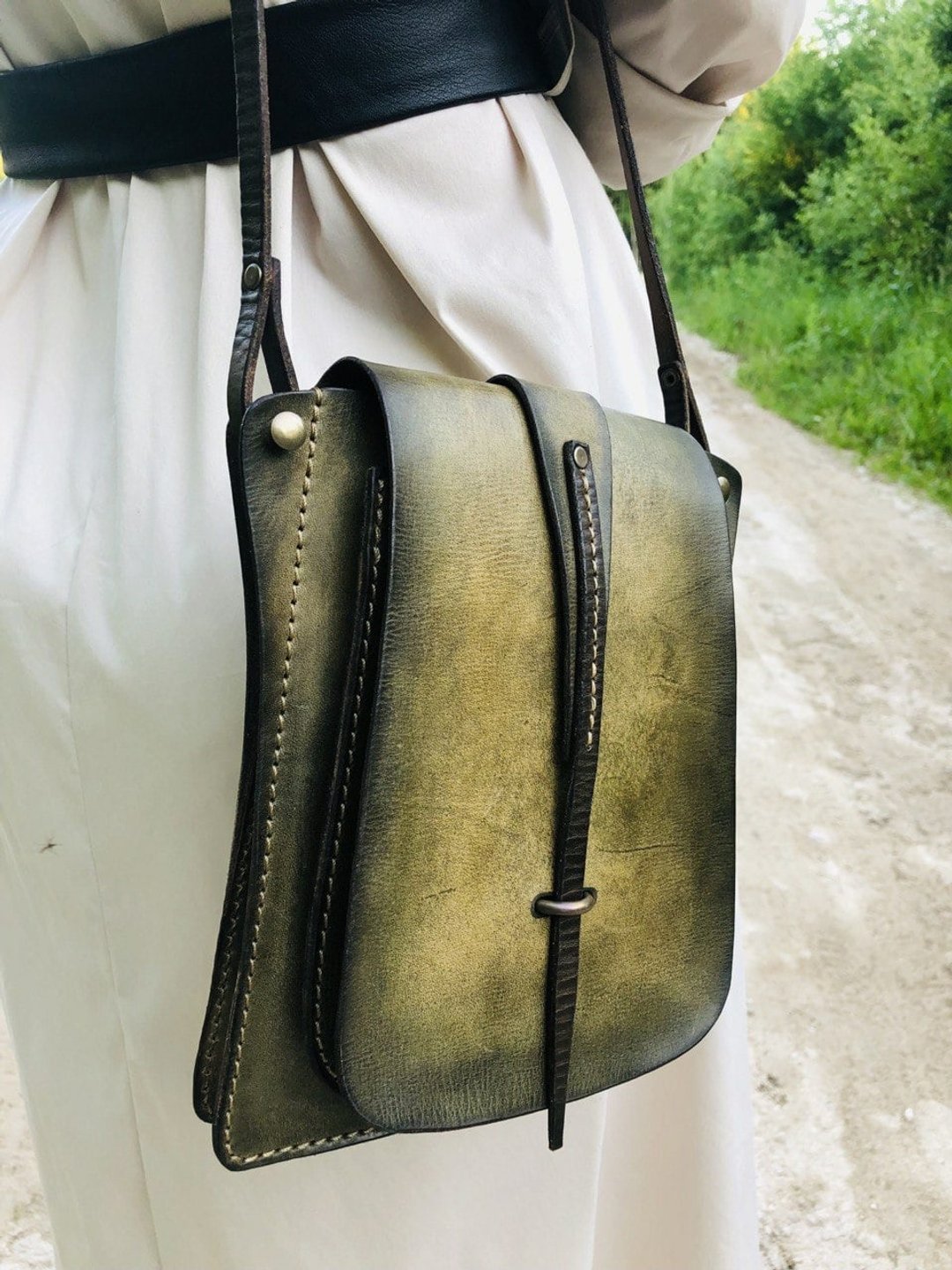 Leather Bag Shoulder Purse Small Bag Crossbody Purse Travel Pocket Messenger Bag - 束口袋双肩包 - 真皮 绿色