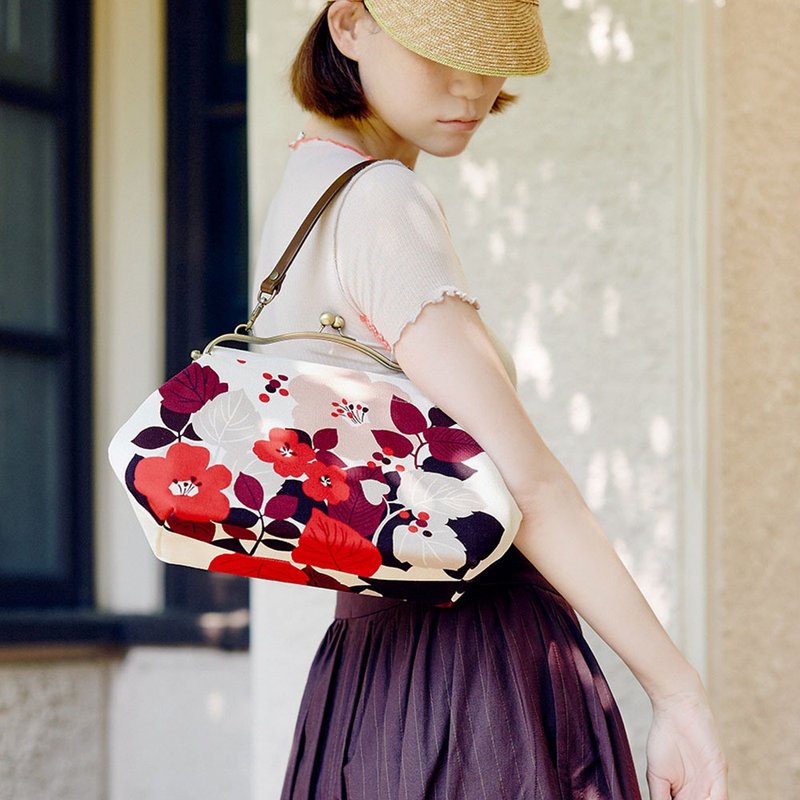 横长便携口金包 花萌黄 【 日本制 】手提包 Frame Bag - 手提包/手提袋 - 棉．麻 红色