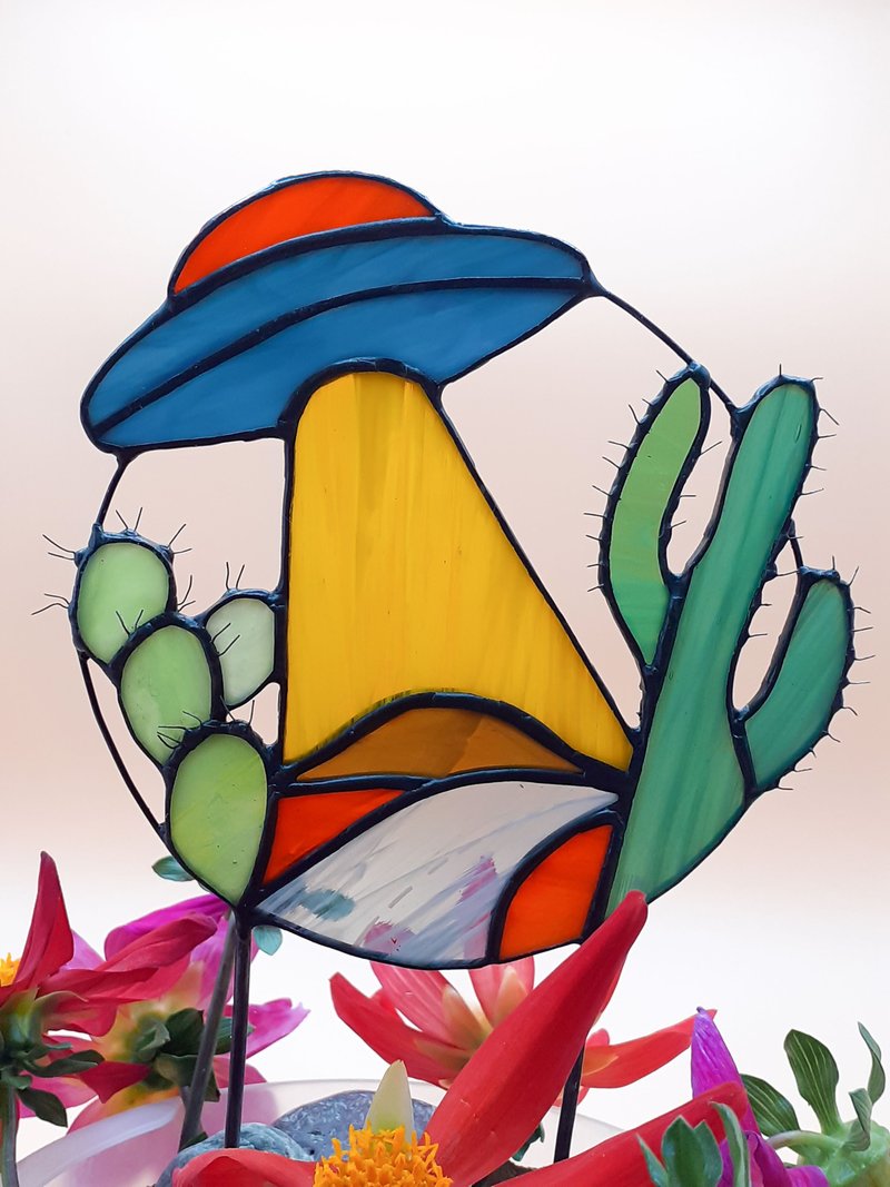 飞碟彩色玻璃装饰品仙人掌彩色玻璃沙漠太阳捕手花卉装饰 - 植栽/盆栽 - 玻璃 多色