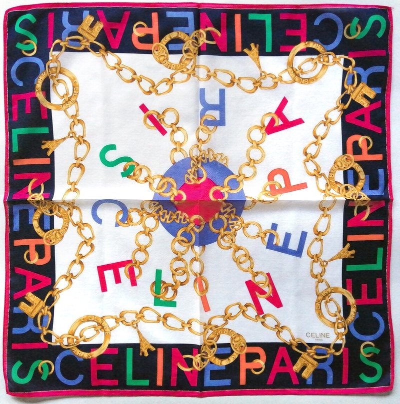Celine 古着丝巾 金链 - 巴黎地标图案 23 x 22.5 英寸 - 丝巾 - 棉．麻 红色
