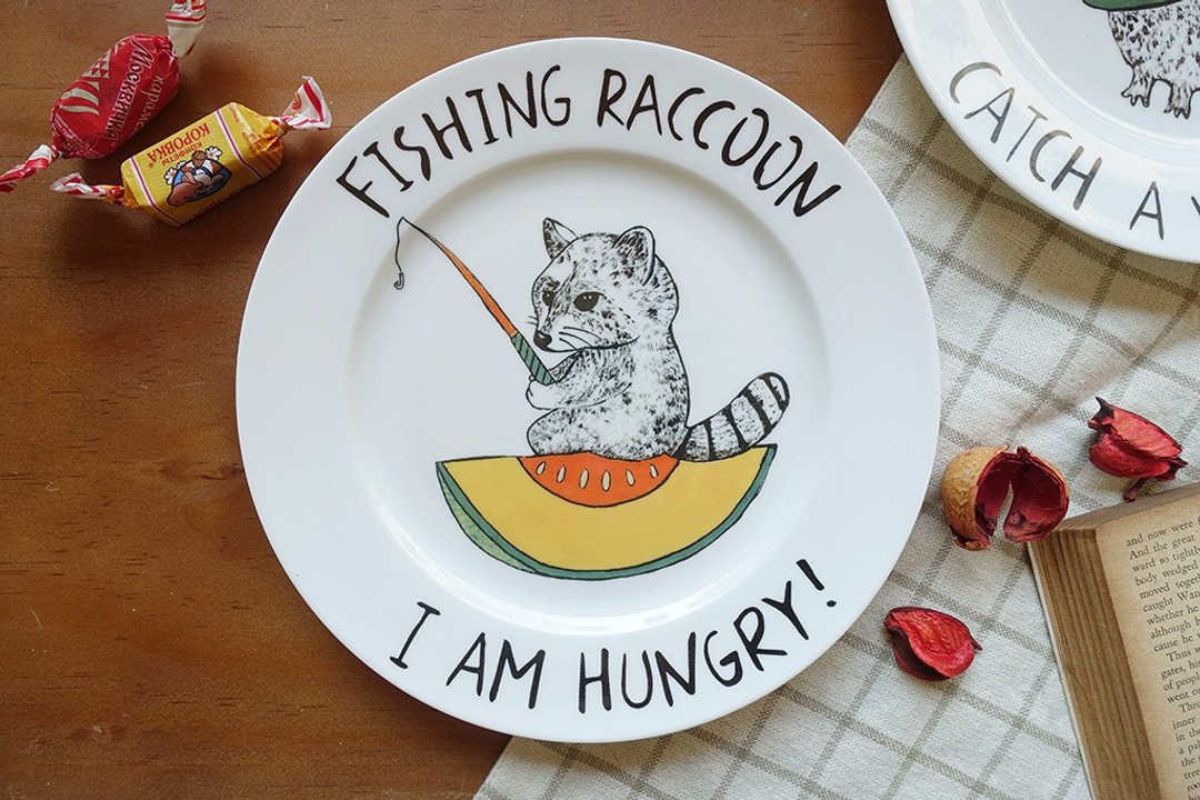 Fishing Raccoon 浣熊钓鱼 餐瓷盘 (骨瓷平盘) - 盘子/餐盘/盘架 - 瓷 橘色