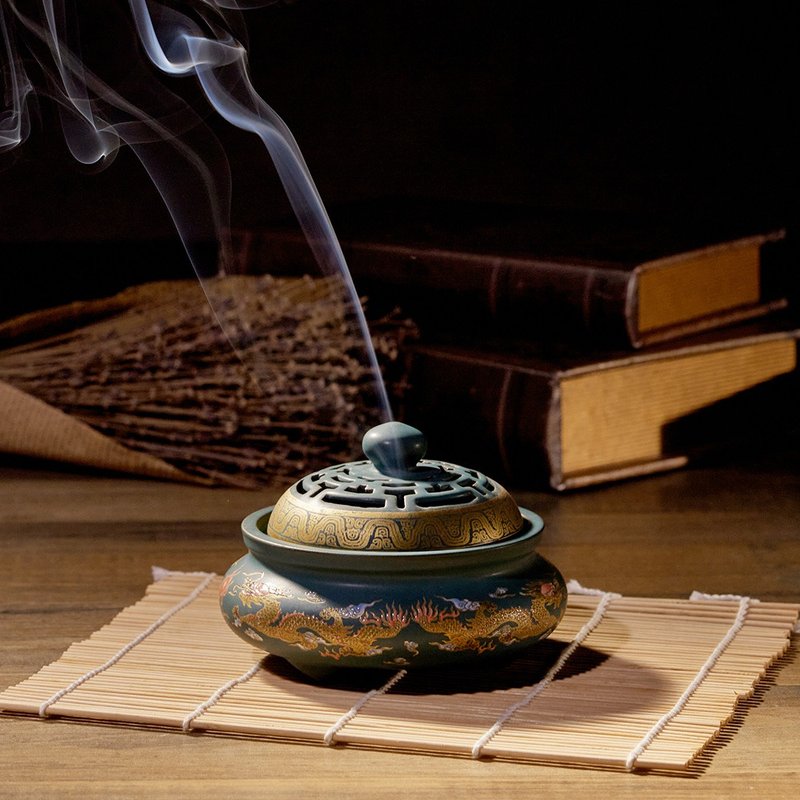 聚宝盆薰香炉-湖蓝、(含开光)怡神静心、线香专用、参禅、修炼 - 香薰/精油/线香 - 陶 咖啡色