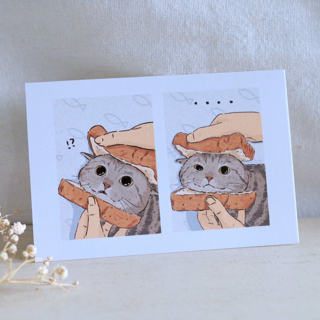 被吐司夹住了 猫猫 明信片 猫咪 可爱 插画 万用卡 感谢卡 卡片 - 卡片/明信片 - 纸 白色