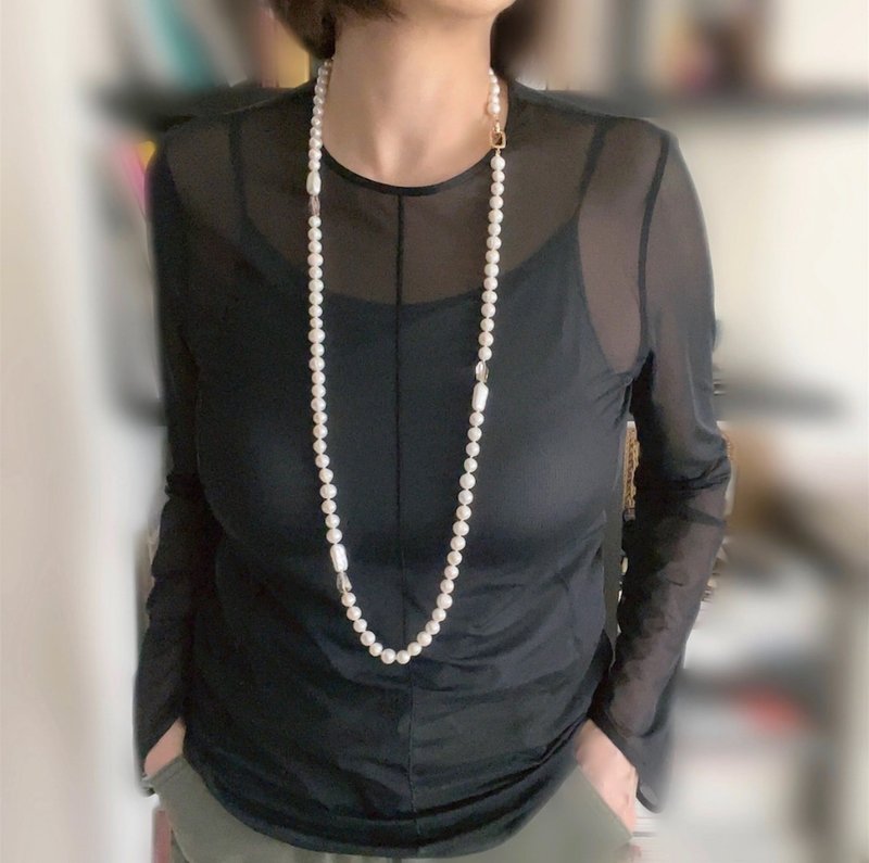 带有圆圈纹路的淡水珍珠长项链 附烟晶 再次贩售 - 项链 - 珍珠 多色