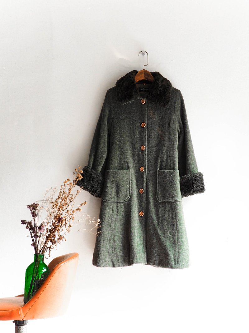 河水山 - 和歌山灰军绿毛领草坪少女 羊呢古董毛质大衣外套 羊毛 毛呢 古着 wool vintage overcoat - 女装休闲/机能外套 - 羊毛 绿色