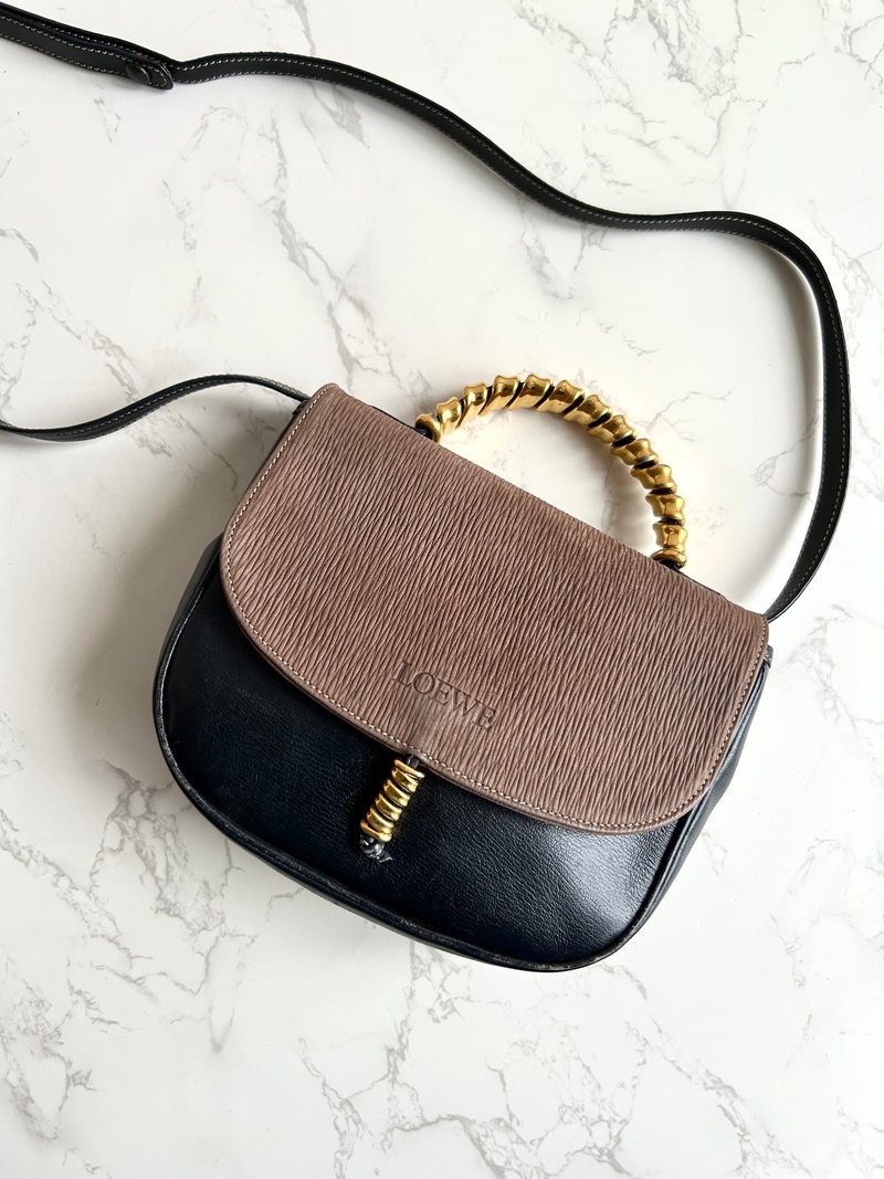 绝版中古包 Loewe拼色蛇骨凯莉包 侧背包 斜背包 皮革包 单肩包 - 侧背包/斜挎包 - 真皮 咖啡色