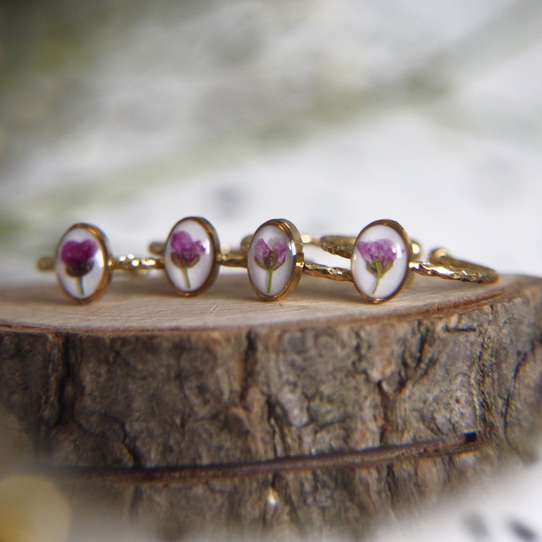 Adjustable nature ring, Pressed flower ring, Real flower ring, Stainless steel - 戒指 - 植物．花 金色
