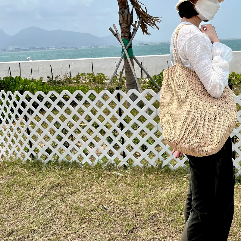 日本棉麻线 编织手袋 侧背袋 斜背包 手挽包 大袋 日系麻 夏日 - 手提包/手提袋 - 棉 卡其色