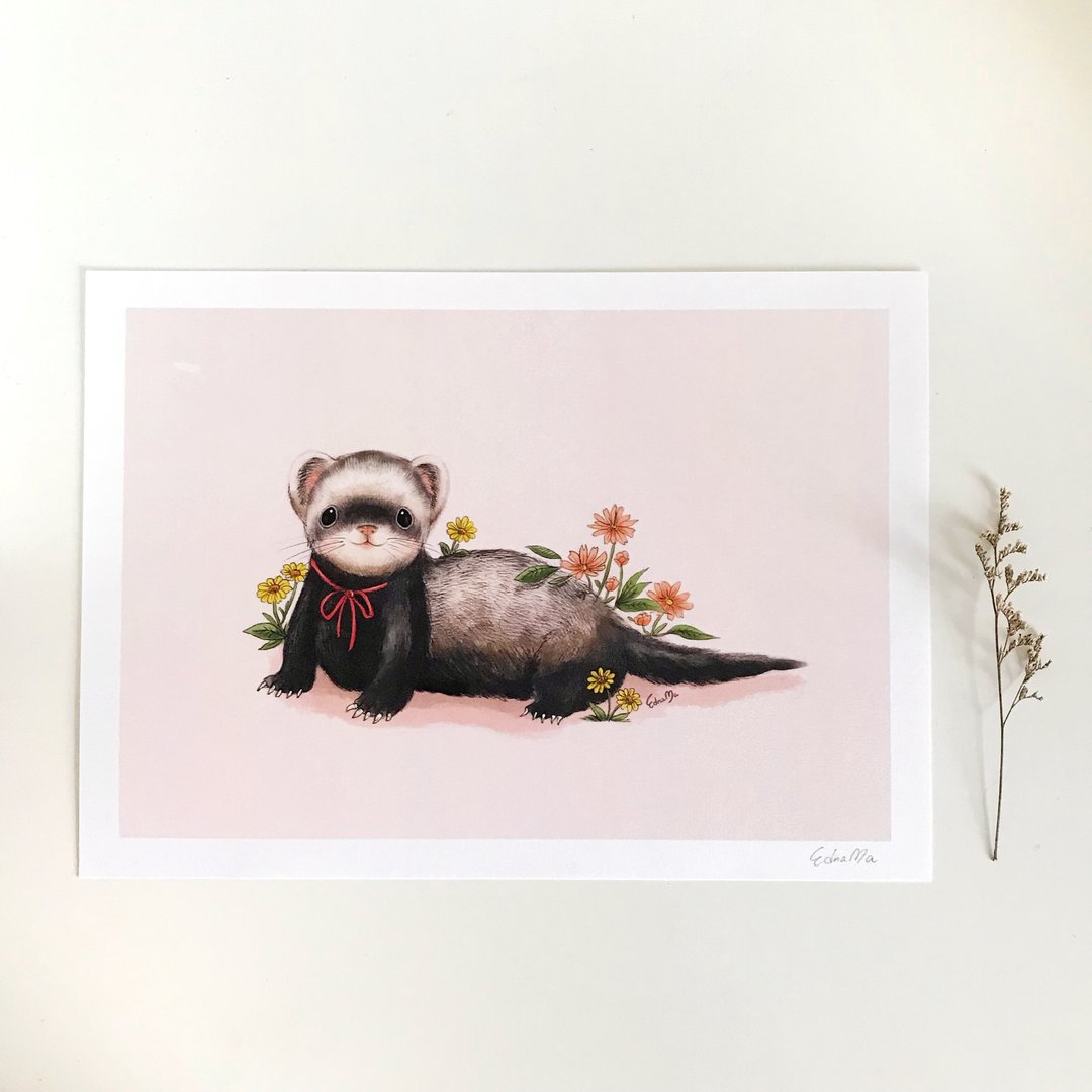貂鼠印画 Ferret Art Print - 海报/装饰画/版画 - 纸 粉红色