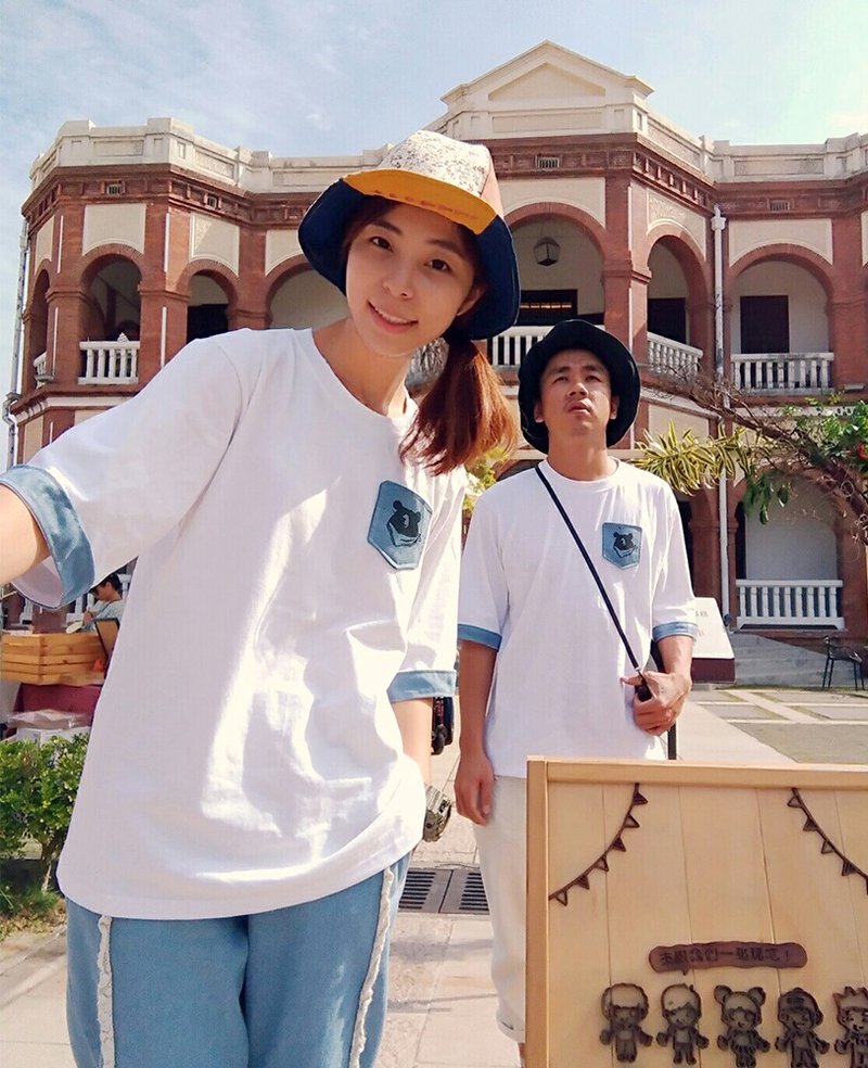 Rarefor 男女百搭 舒适纯棉T-shirt 简约白T 宽松五六分袖 水洗麂皮 {天晴领巾熊}【T-15】情人节礼物 情侣装 - 中性连帽卫衣/T 恤 - 棉．麻 白色