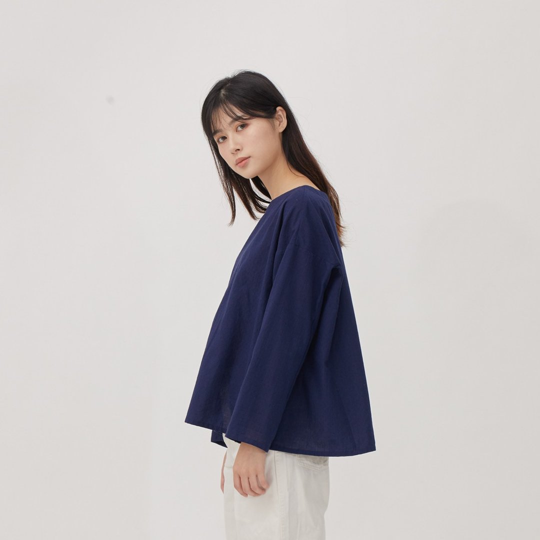 Doreen大圆领棉质落肩伞型长袖上衣/单宁蓝 - 女装上衣 - 棉 蓝色