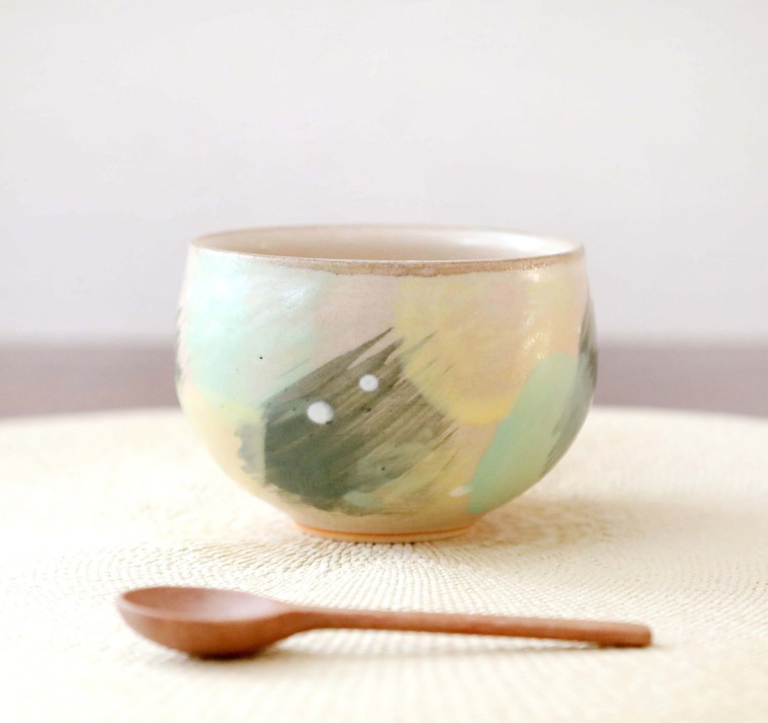 五彩茶杯 当青草的香气飘散 1 - 碗 - 陶 绿色