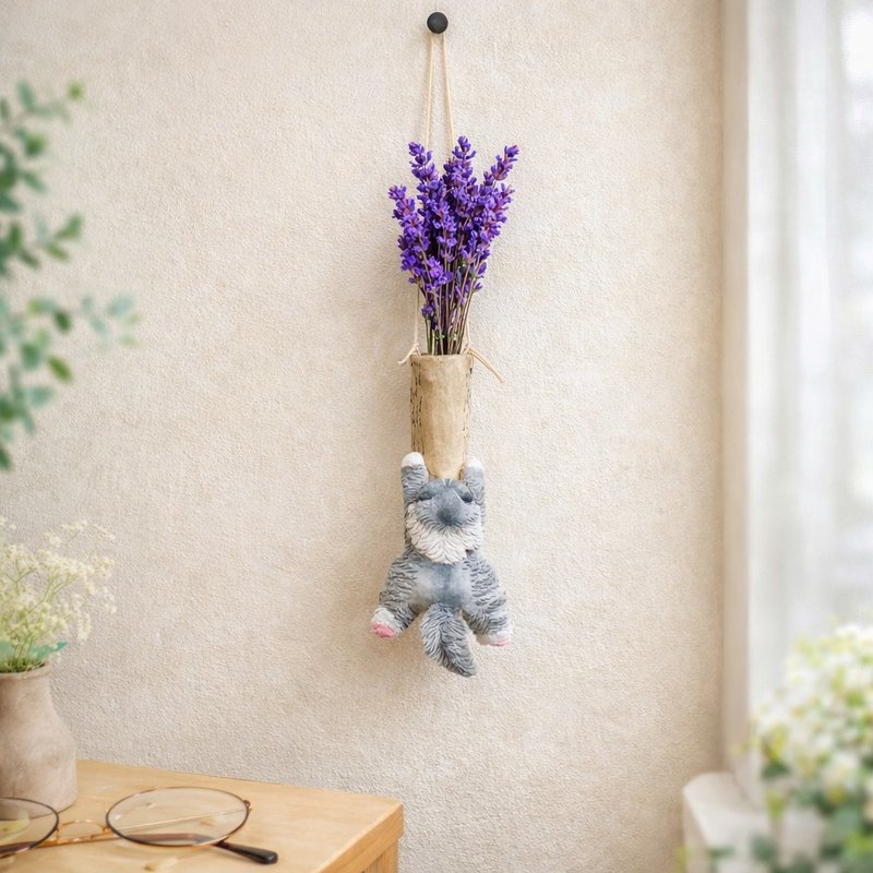 灰色长毛猫壁挂花器 手作居家摆饰 - 花瓶/陶器 - 树脂 灰色