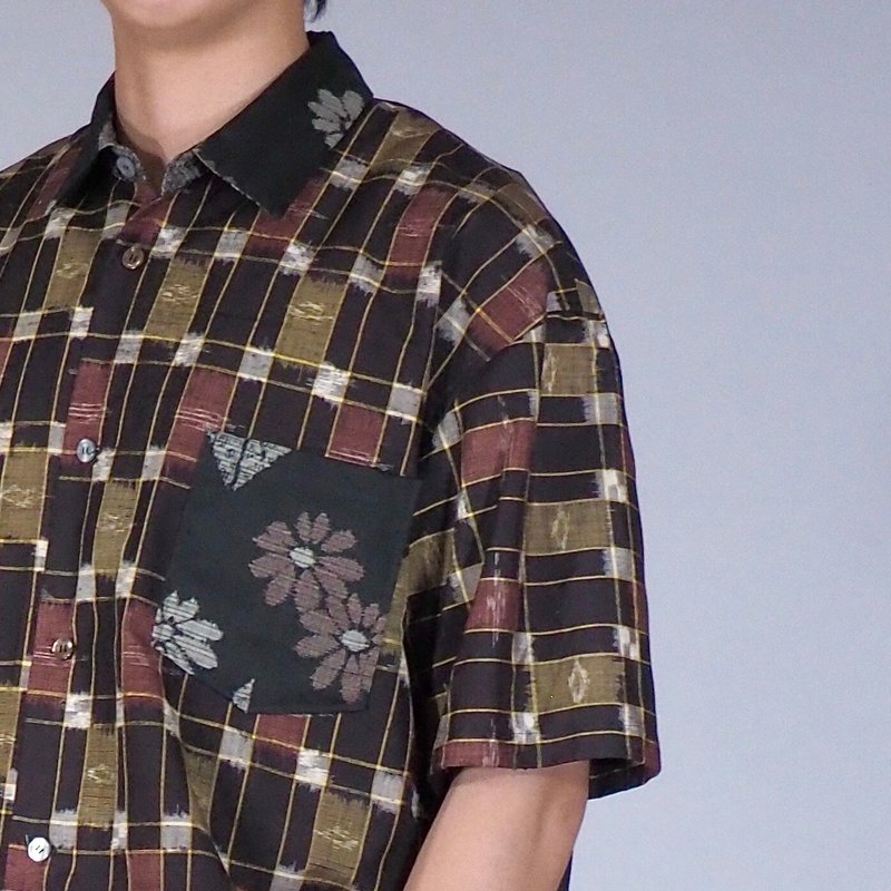 【日本制造】复古丝绸和服翻拍、男士衬衫 L、半袖衬衫 - 男装衬衫 - 丝．绢 黑色