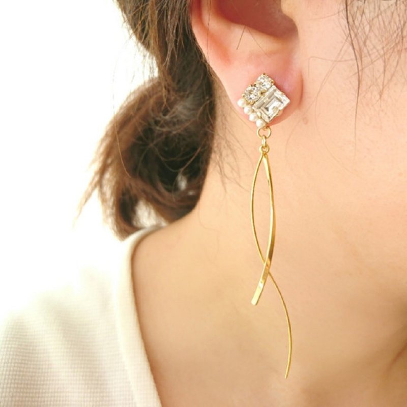 Square bijou wave Clip-On, earrings - 耳环/耳夹 - 水晶 金色