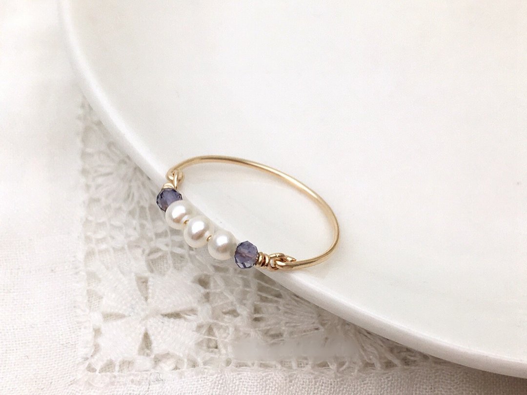Iolite and freshwater pearl simple ring - 戒指 - 宝石 蓝色