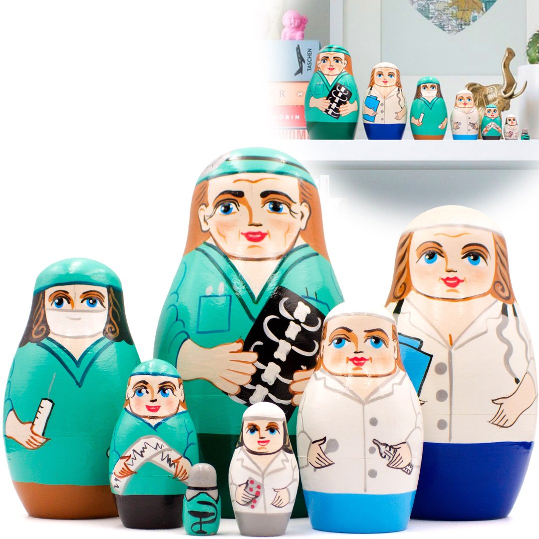Nurse and Doctor Nesting Dolls 7 pcs - Russian Dolls for Medical Office Decor - 玩具/玩偶 - 木头 多色