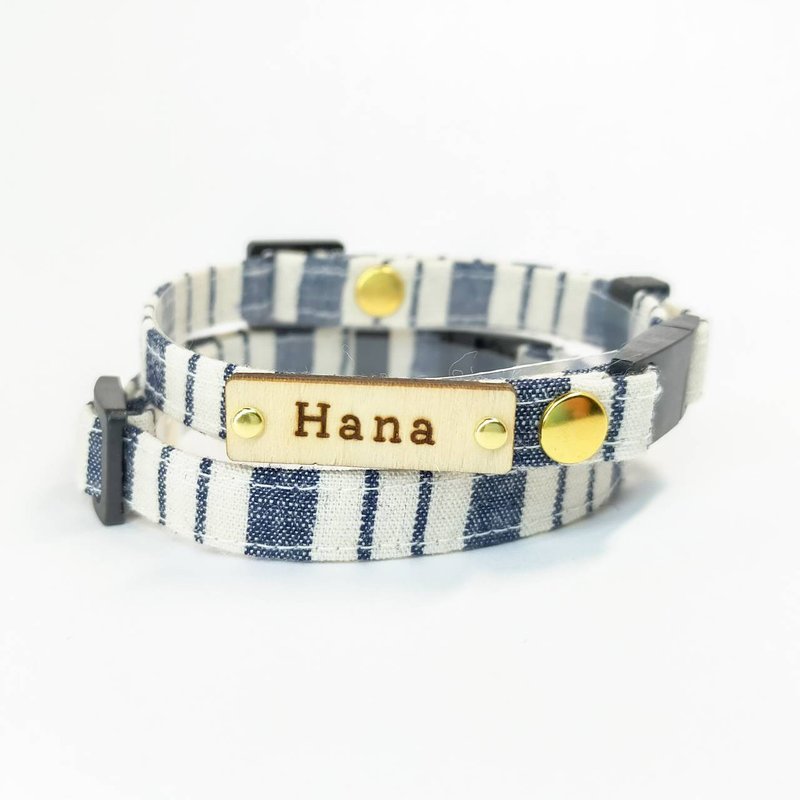 Made in JAPAN　Cat Dog Collar with wood name Tag Personalization Order made - 项圈/牵绳 - 棉．麻 蓝色
