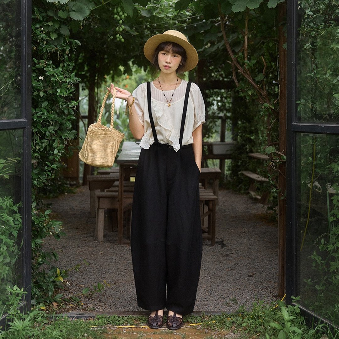 黑色亚麻背带裤|裤子|夏款|Sora-1848 - 背带裤/连体裤 - 其他人造纤维 黑色