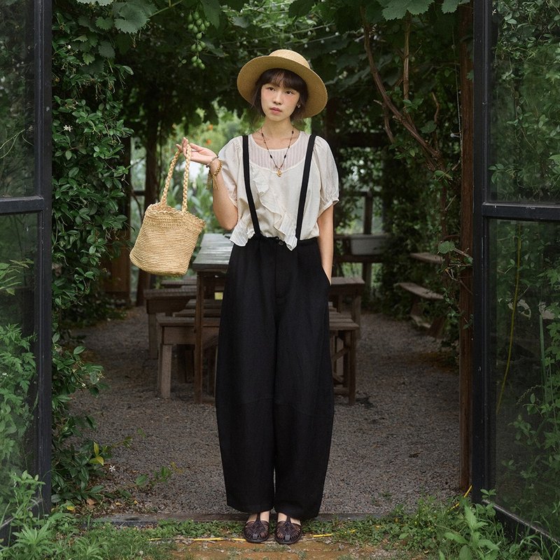 黑色亚麻背带裤|裤子|夏款|Sora-1848 - 背带裤/连体裤 - 其他人造纤维 黑色