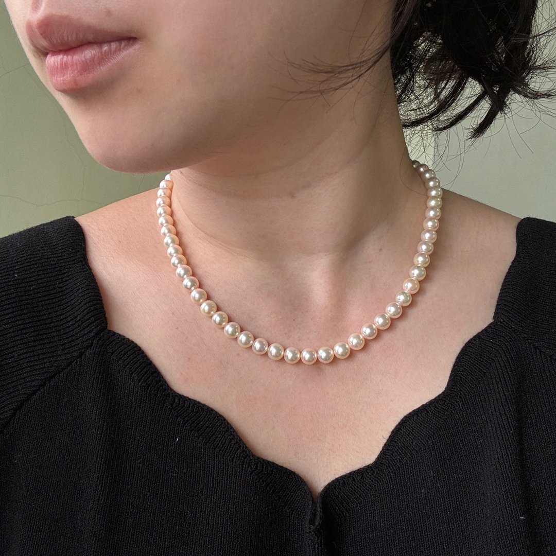 日本 Akoya 海水珍珠项链 6.5–7mm 白粉光 皮光极佳 - 项链 - 珍珠 粉红色