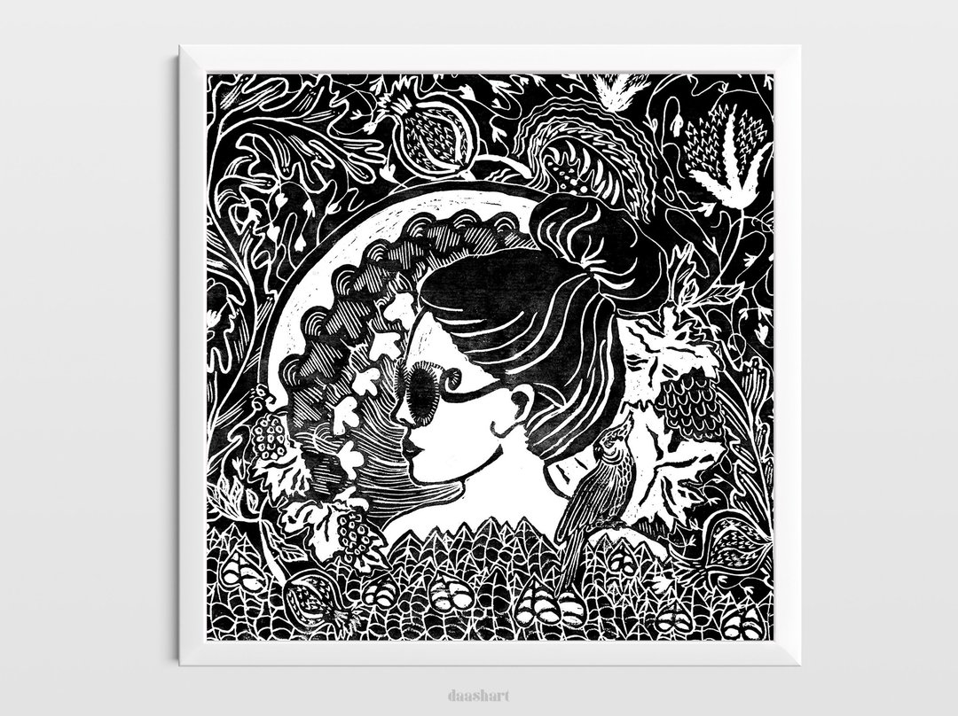黑花女人 Linocut 印刷植物墙艺术原创艺术品 - 海报/装饰画/版画 - 纸 黑色