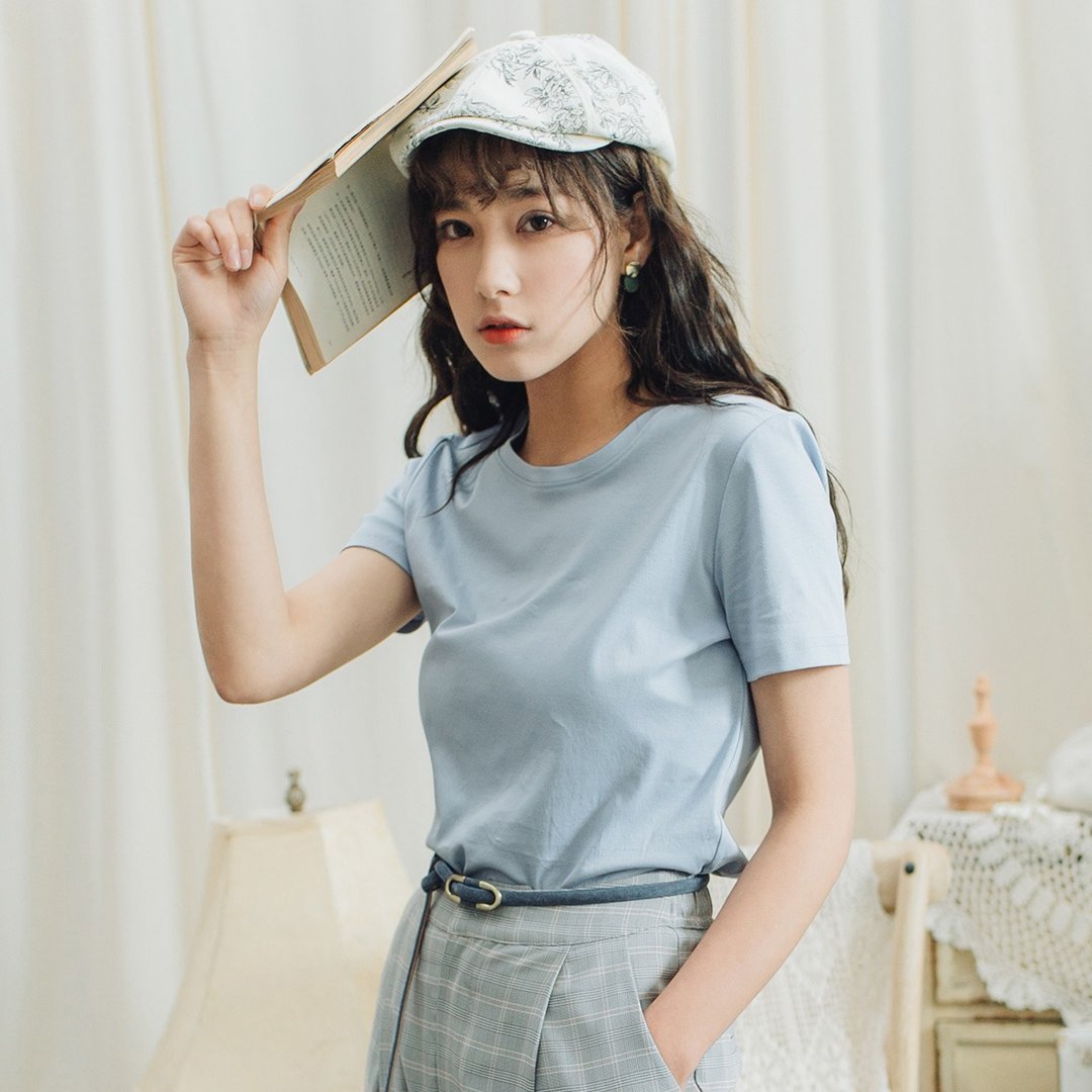安妮陈2018夏装新款文艺女装上衣纯色圆领基础T恤短袖 - 女装 T 恤 - 棉 蓝色