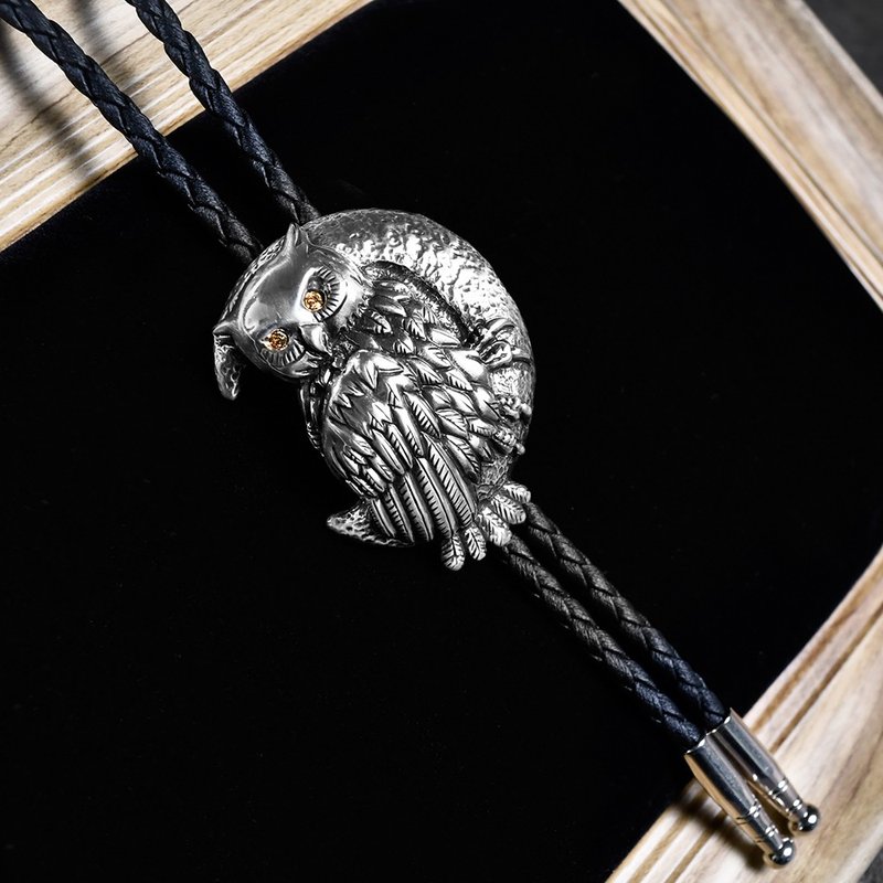 月夜之鹰 猫头鹰 保罗领带 Bolo Tie 真皮 皮革项链 皮绳领带 - 领带/领带夹 - 真皮 银色
