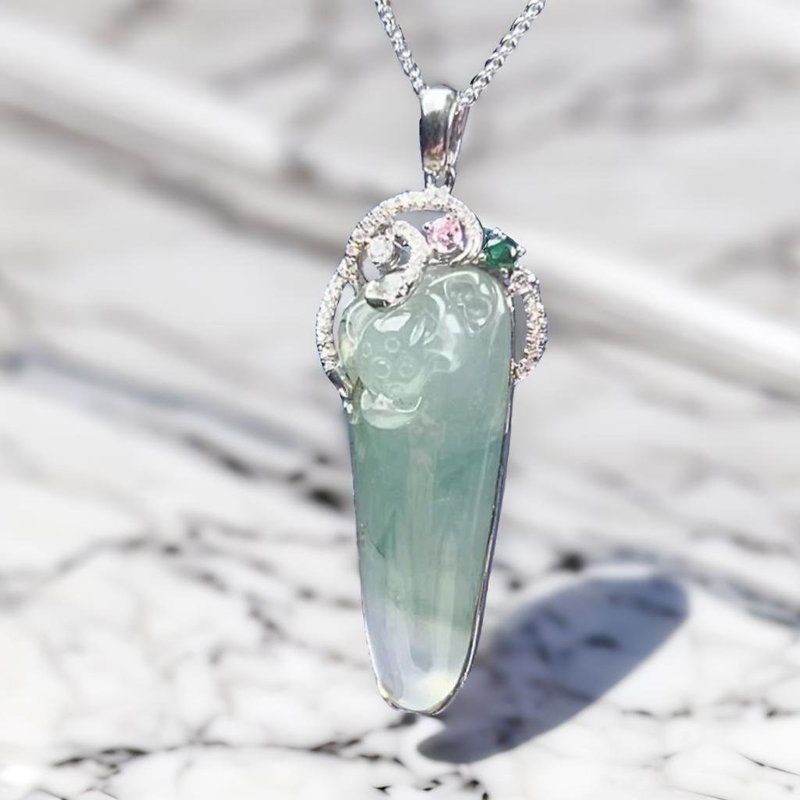 冰飘花翡翠福瓜项链 925纯银镶嵌 | 天然缅甸玉翡翠A货 | 送礼 - 项链 - 玉石 透明