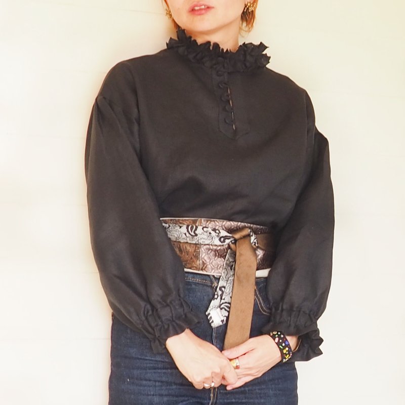 Black ruffled high neck Linen blouse - 女装衬衫 - 棉．麻 
